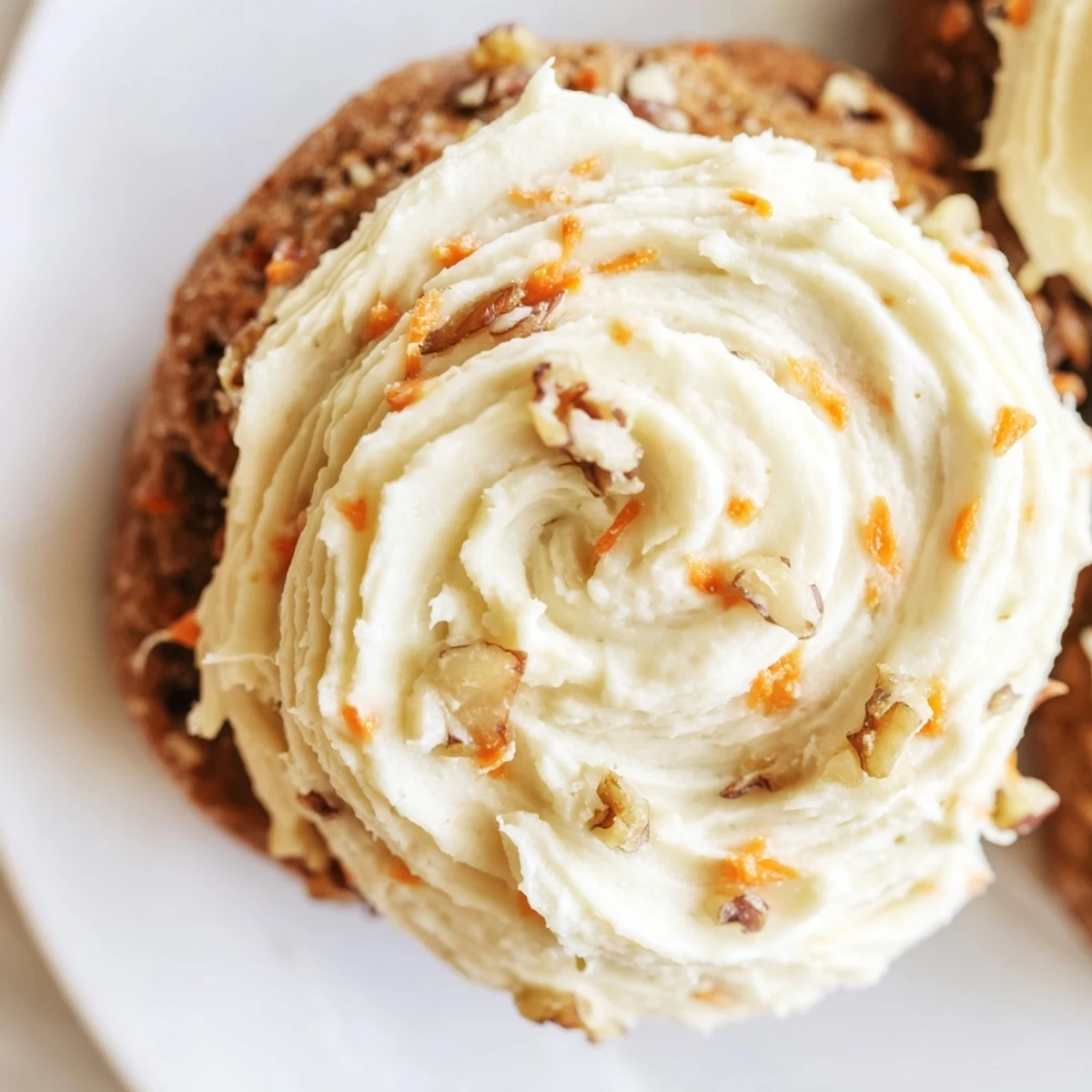 Soft Crumbl carrot cake cookies topped with swirled cream cheese frosting on a rustic plate