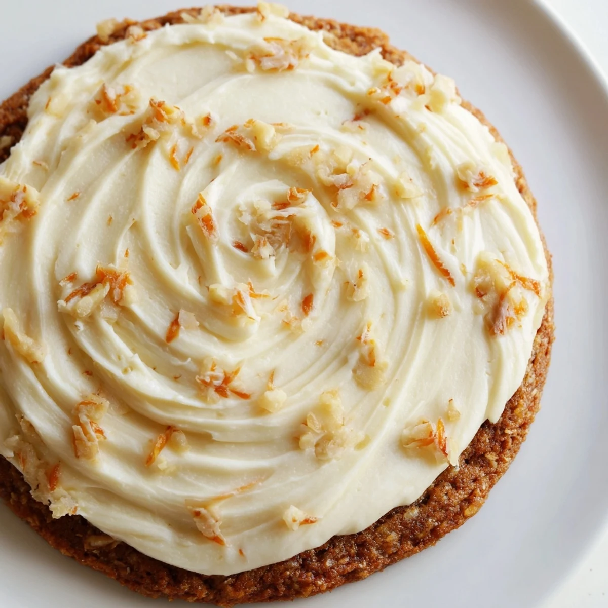 Thick spiced carrot cake cookies with luscious cream cheese frosting piled high and ready to serve