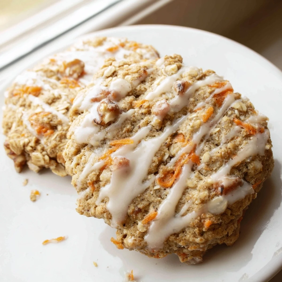 Golden brown butter carrot cake cookies with visible shreds of fresh carrot and chopped walnuts on a rustic baking sheet