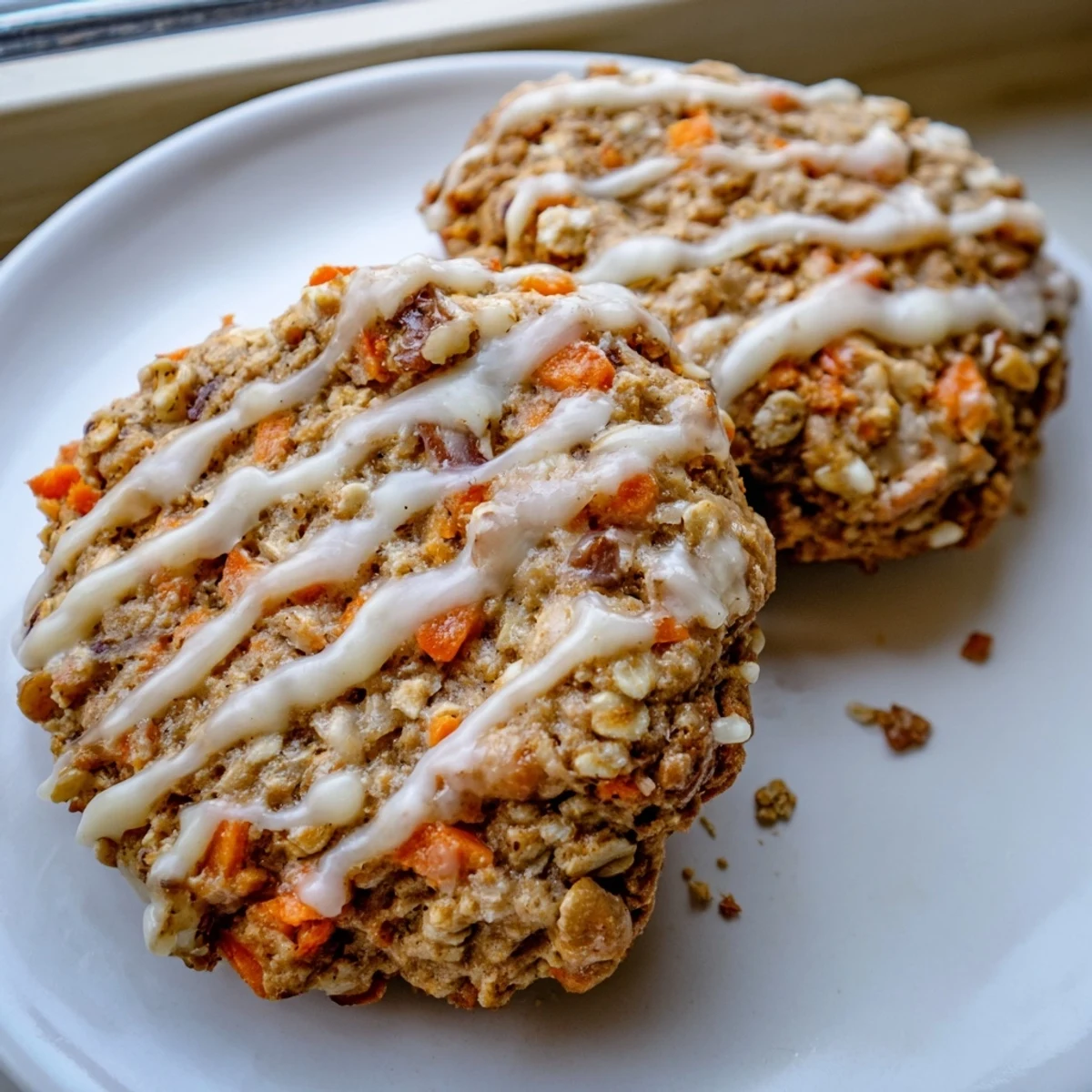 Chewy brown butter carrot cake cookies stacked on a white plate showing soft centers and lightly crisp edges