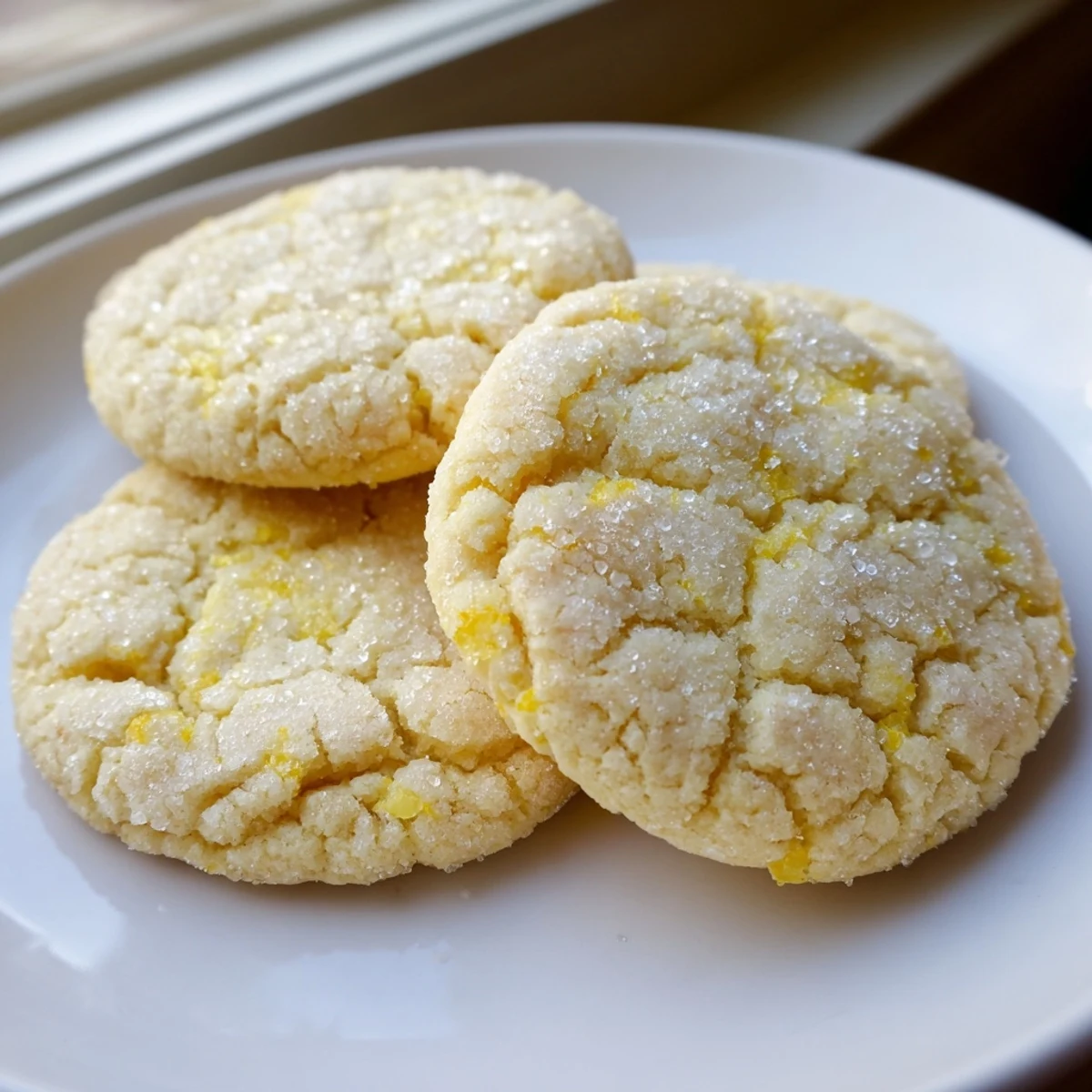 Golden lemon sugar cookies with crackly sugar coating arranged on a rustic white plate