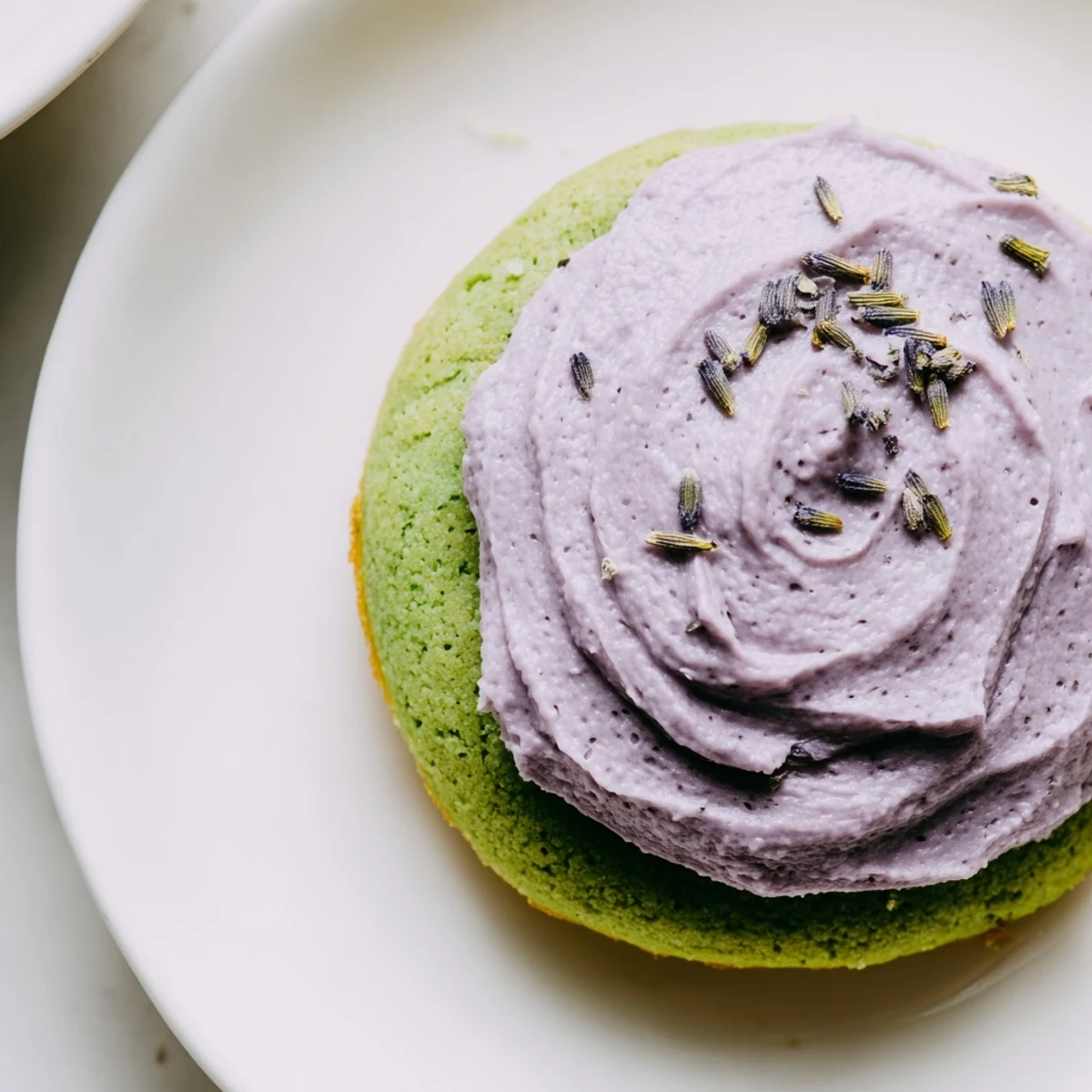 Soft matcha sugar cookies with lavender frosting arranged on a rustic white ceramic plate