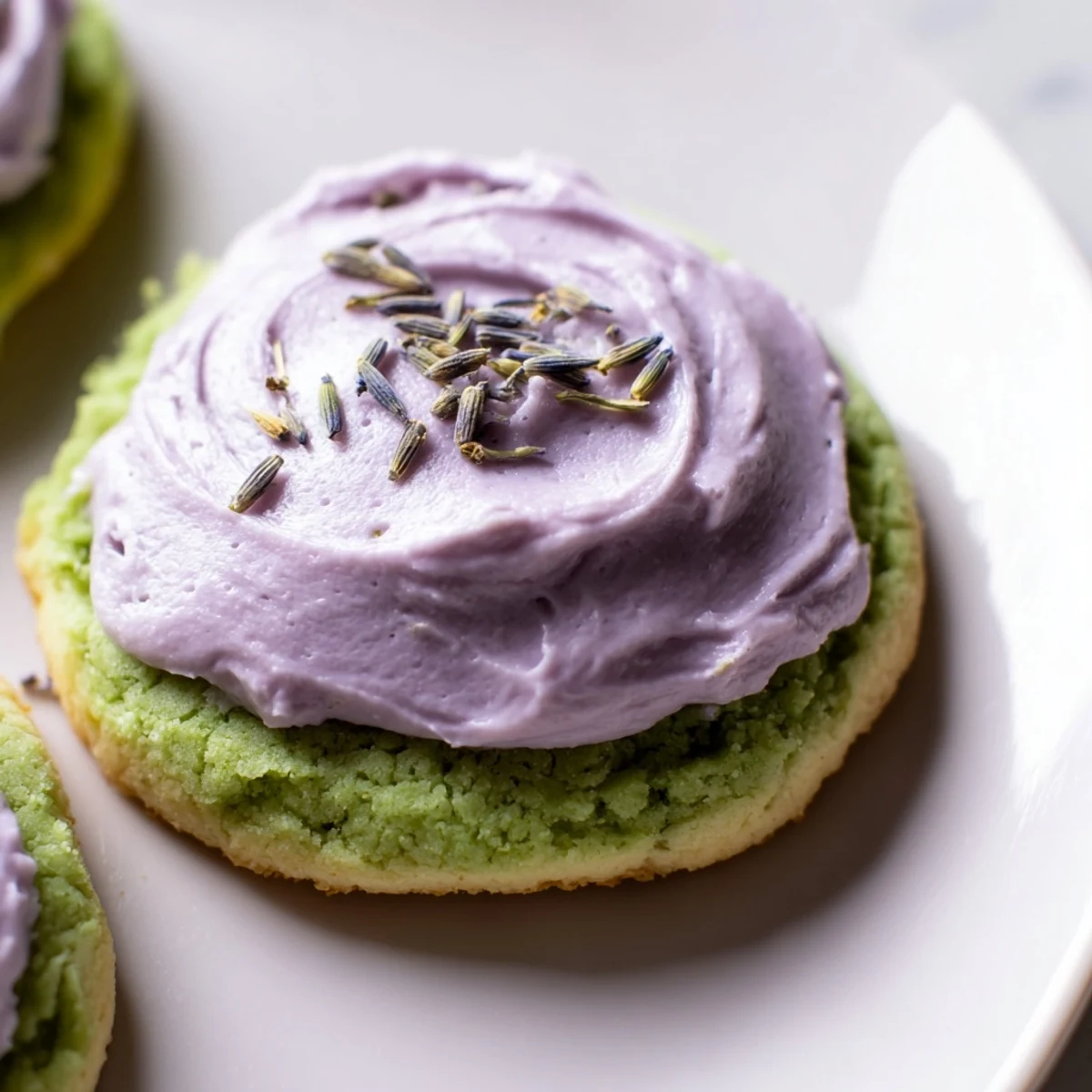 Green matcha sugar cookies topped with creamy purple lavender buttercream on a wooden serving board