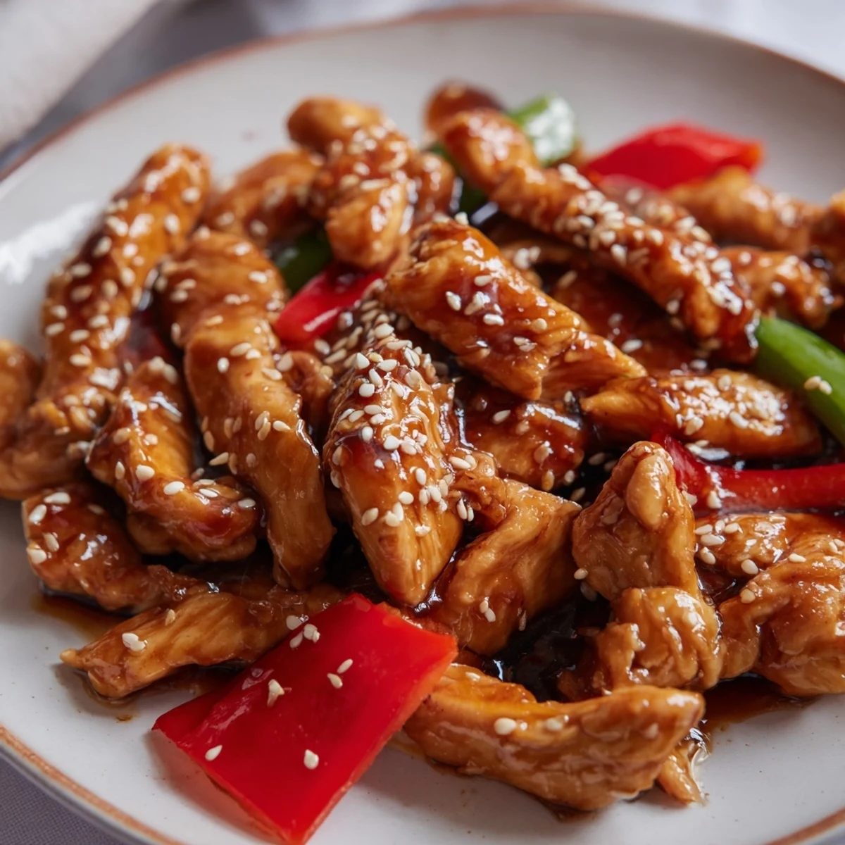 Sesame soy chicken stir fry with colorful crisp vegetables in glossy sauce on white plate
