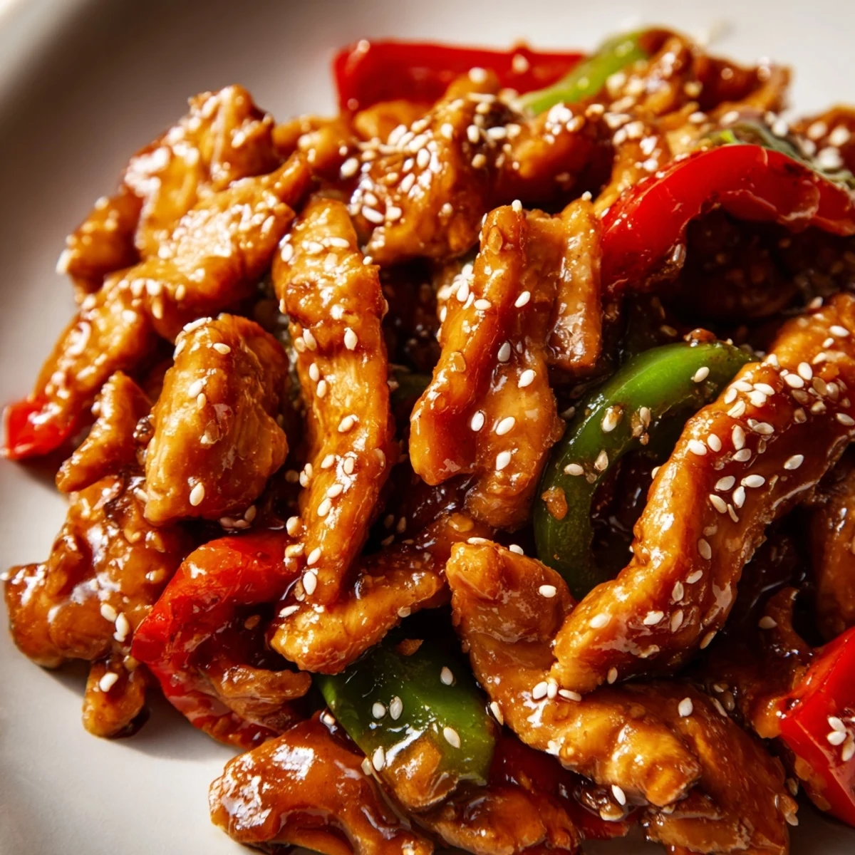 Tender sesame soy chicken stir fry topped with sesame seeds and fresh green onions