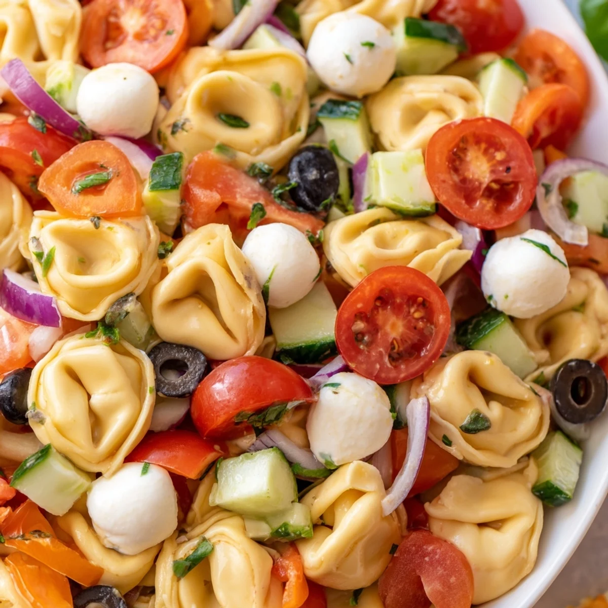 Colorful tortellini pasta salad with cherry tomatoes and zesty Italian dressing in a bowl