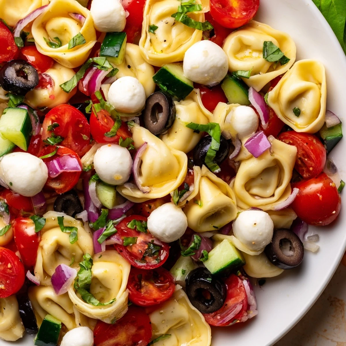 Cheese tortellini pasta salad tossed with crisp vegetables and mozzarella in vinaigrette