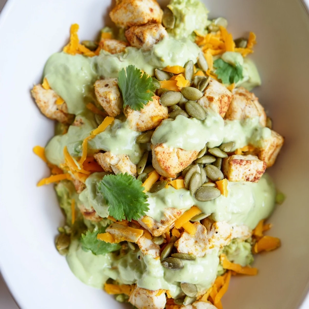 Colorful keto bowls loaded with fresh vegetables and tender seasoned chicken topped with creamy avocado dressing