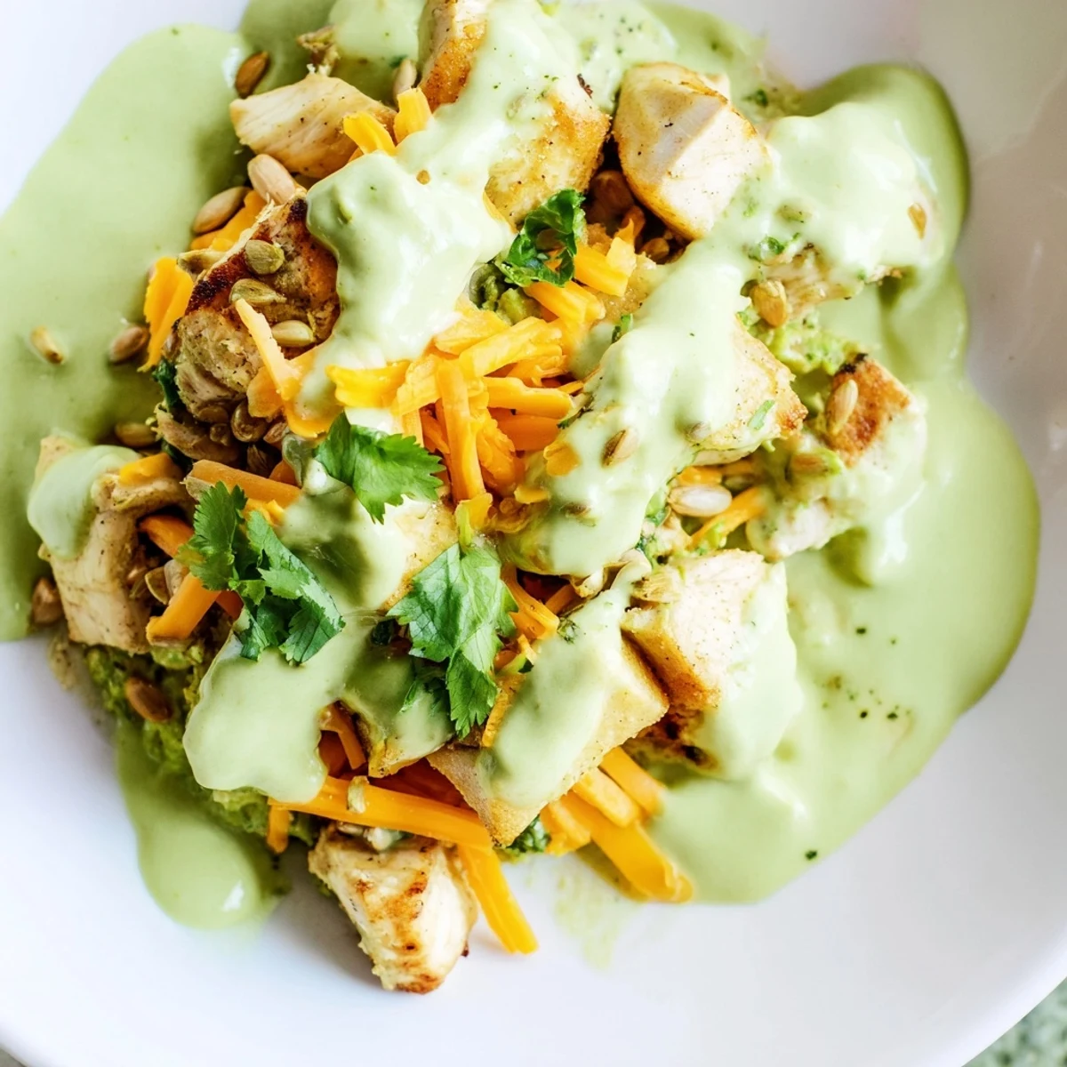 Keto bowls featuring crisp lettuce juicy tomatoes and grilled chicken drizzled with rich green avocado sauce