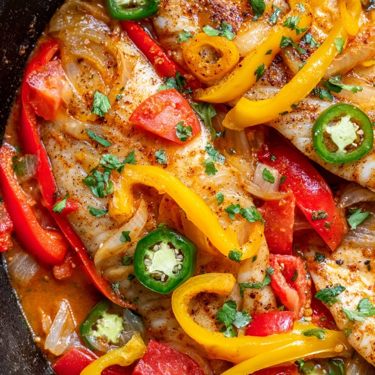 Golden tilapia fillets nestled in spicy roasted pepper skillet with vibrant red and yellow peppers