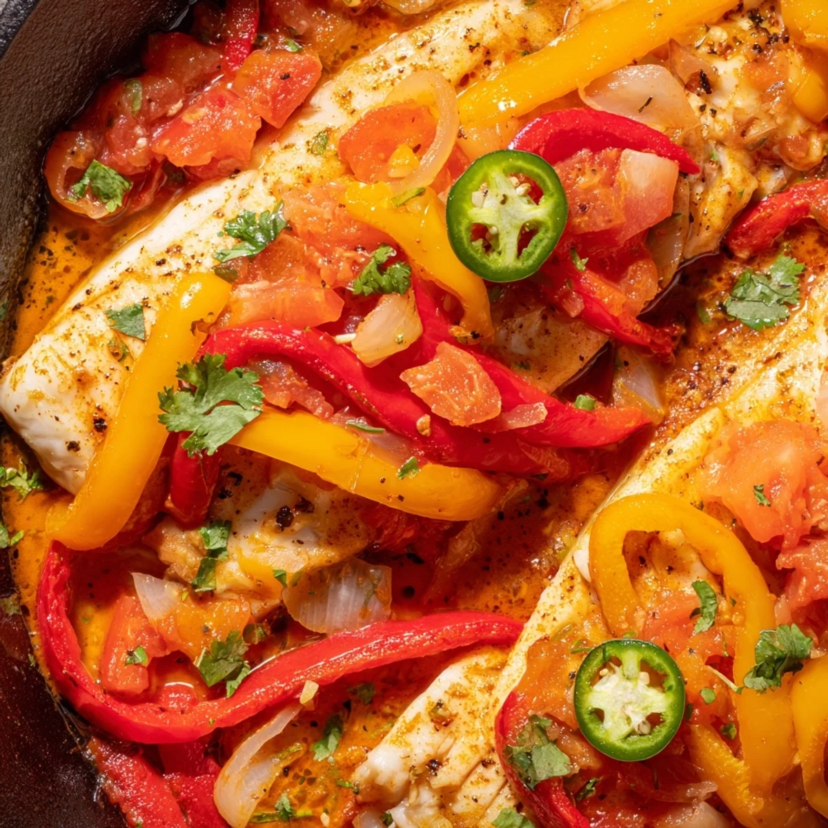 Spicy roasted pepper tilapia skillet garnished with fresh cilantro and drizzled lime juice