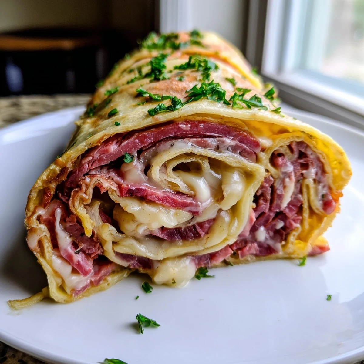 Golden Low Carb Reuben Egg Roll Ups filled with melted Swiss cheese and savory corned beef
