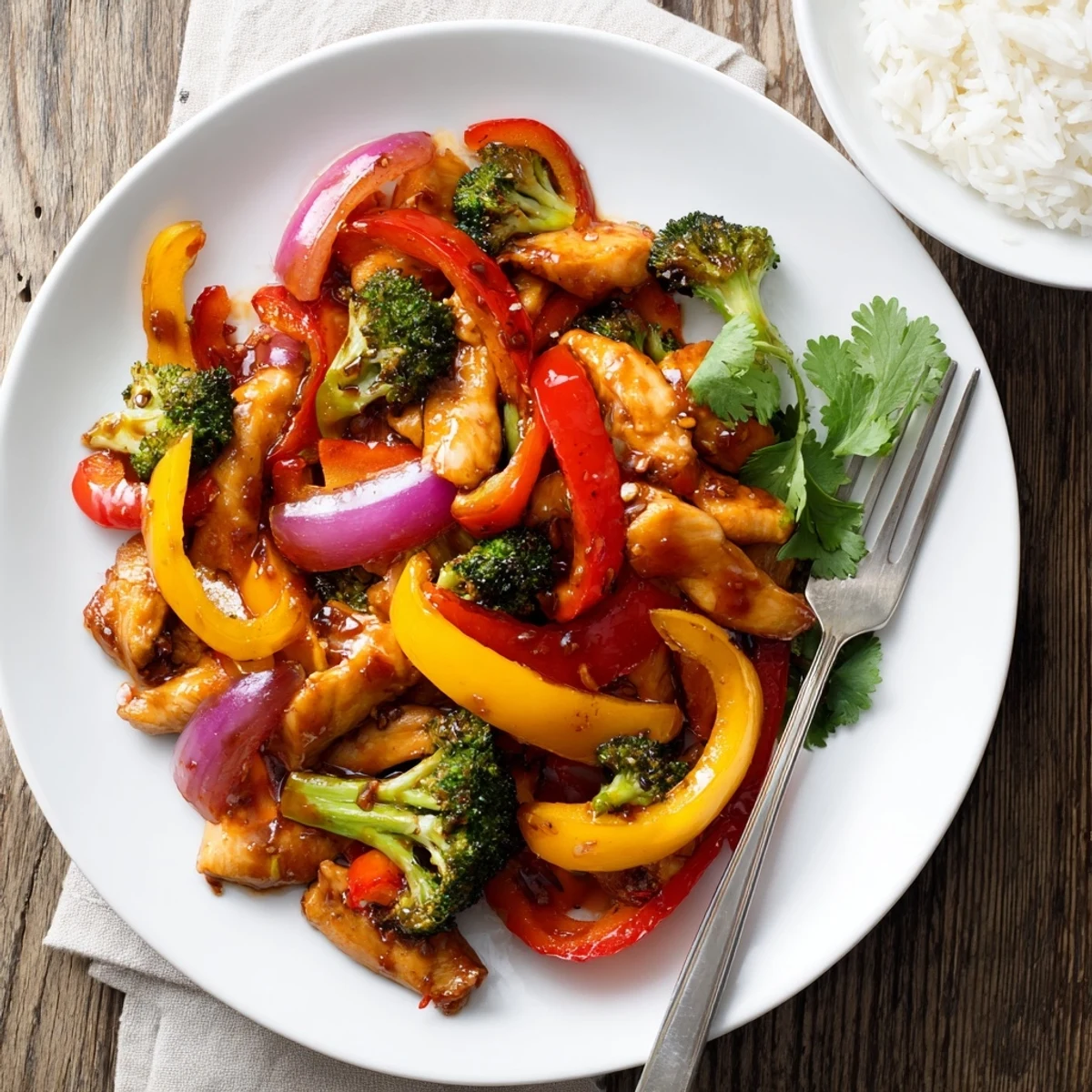 Colorful chicken vegetable stir fry sizzling in a pan with vibrant bell peppers and broccoli