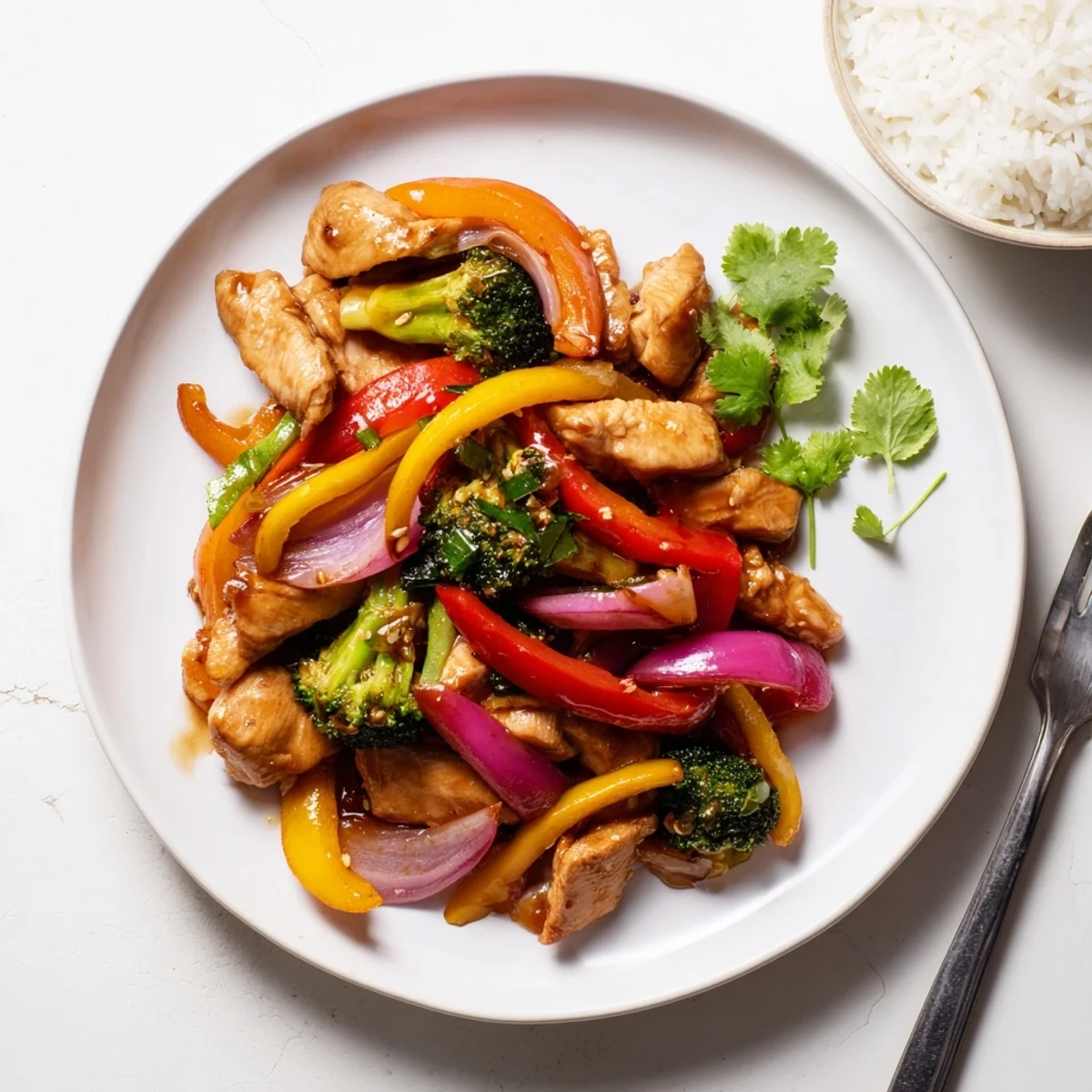 Glossy soy honey glazed chicken and crisp vegetables in a hot skillet ready to serve