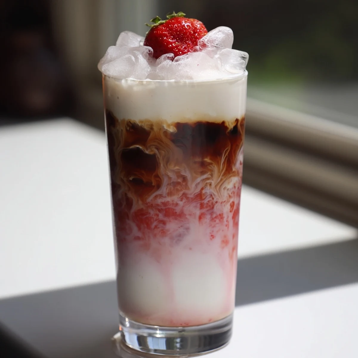 Creamy strawberry cold latte in a tall glass with swirled pink layers and ice