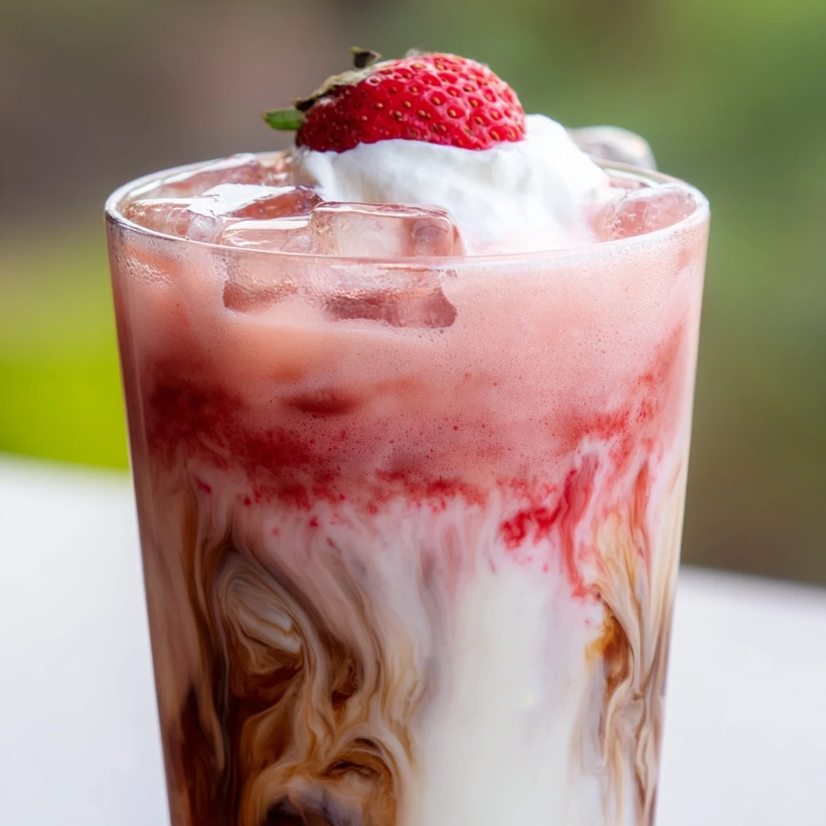 Iced strawberry cream latte topped with fluffy whipped cream and fresh berry garnish