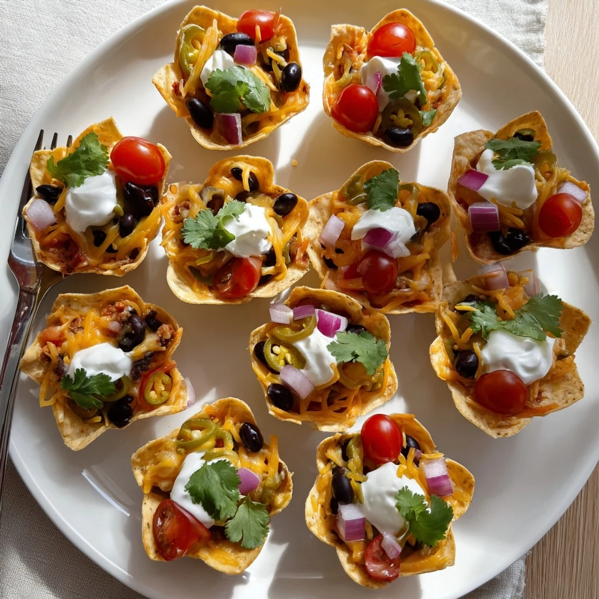 Golden cheesy nacho cups with melted cheddar, beans, and fresh tomato toppings