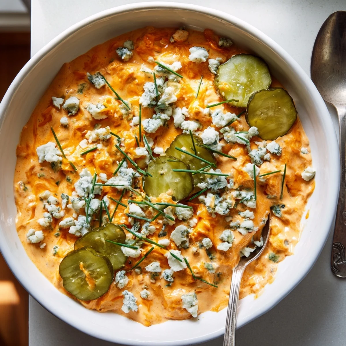 Creamy buffalo pickle dip served in a bowl with crunchy veggie sticks and chips