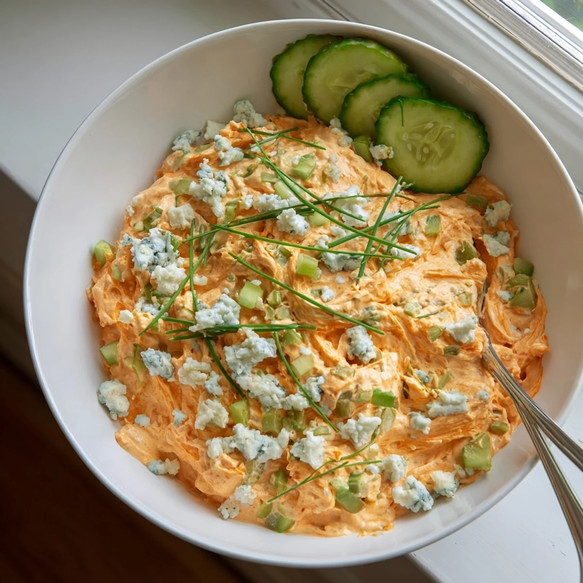 Tangy buffalo pickle dip topped with cheddar cheese and fresh snipped chives