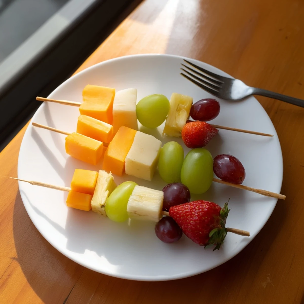 Fruit and cheese kabobs arranged on platter with grapes strawberries pineapple and cubed cheddar