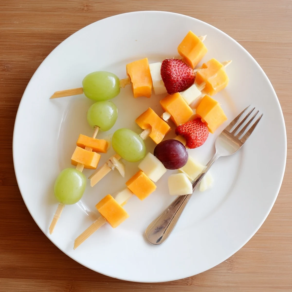 Colorful fruit and cheese kabobs featuring alternating red grapes pineapple chunks and creamy Monterey Jack