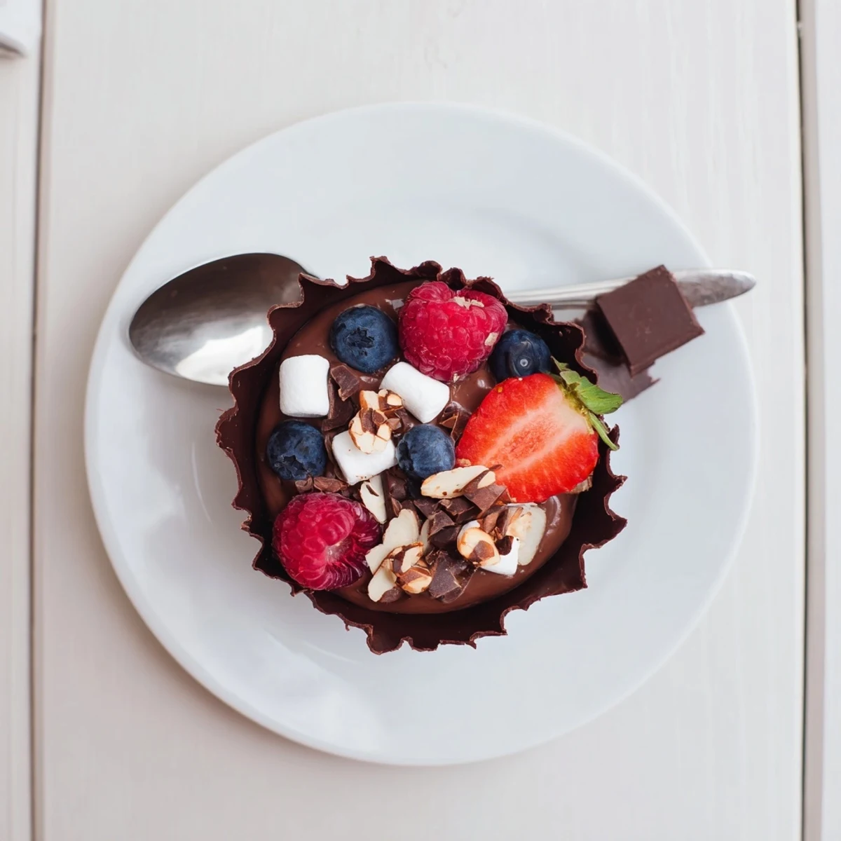 Elegant chocolate grazing cups with creamy mousse, garnished with berries, nuts, and chocolate curls
