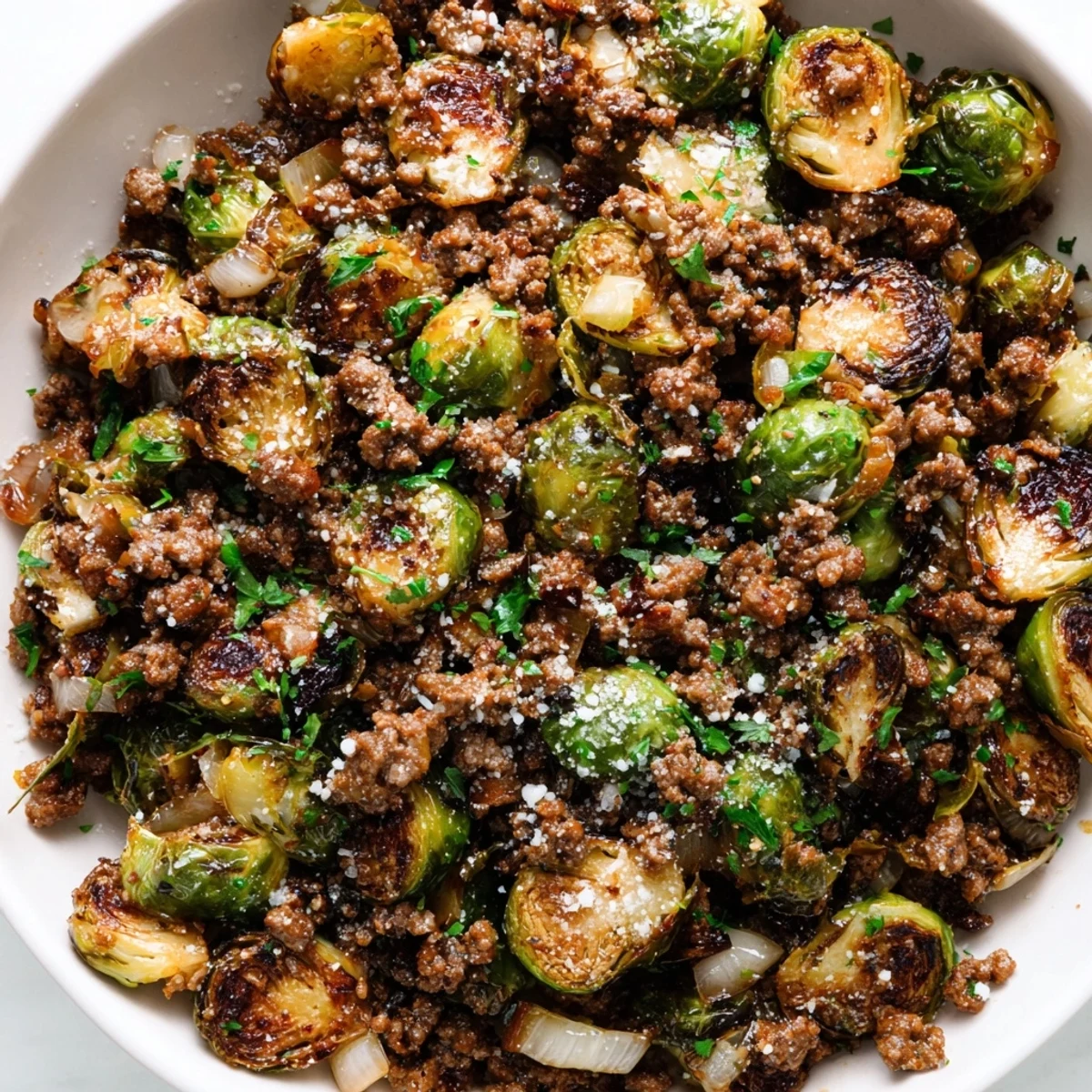 Savory ground beef Brussels sprouts skillet with caramelized edges and fresh parsley garnish on a white plate
