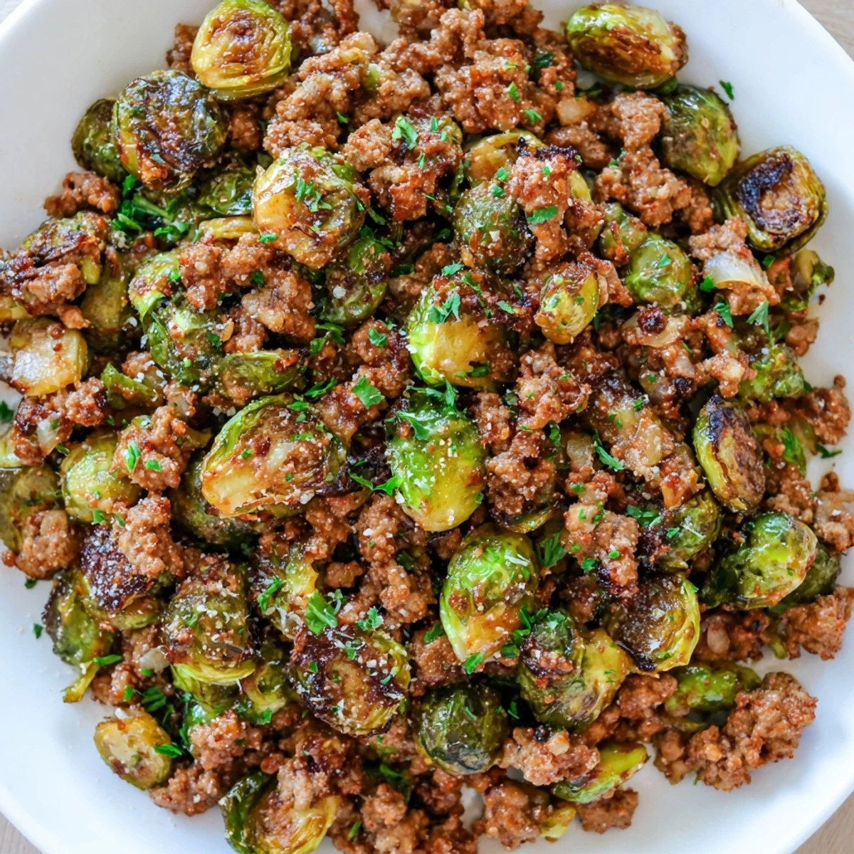 Tender Brussels sprouts and seasoned ground beef sizzling in a cast iron skillet with golden brown bits