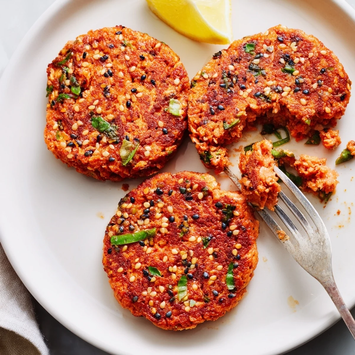 Golden crispy harissa sesame salmon patties sizzling in a skillet with toasted sesame seed garnish