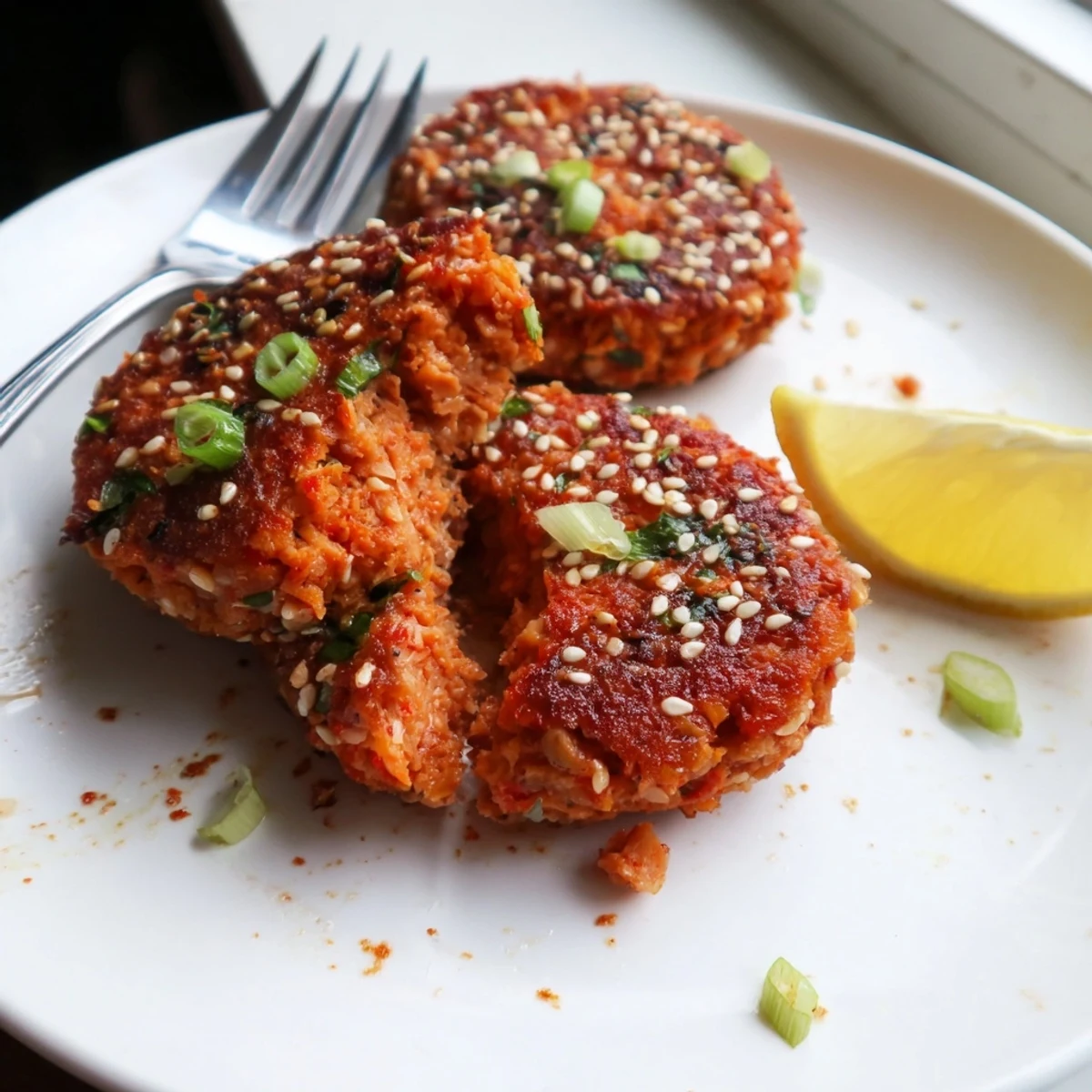 Spicy harissa sesame salmon patties served on a white plate with fresh cilantro and lemon