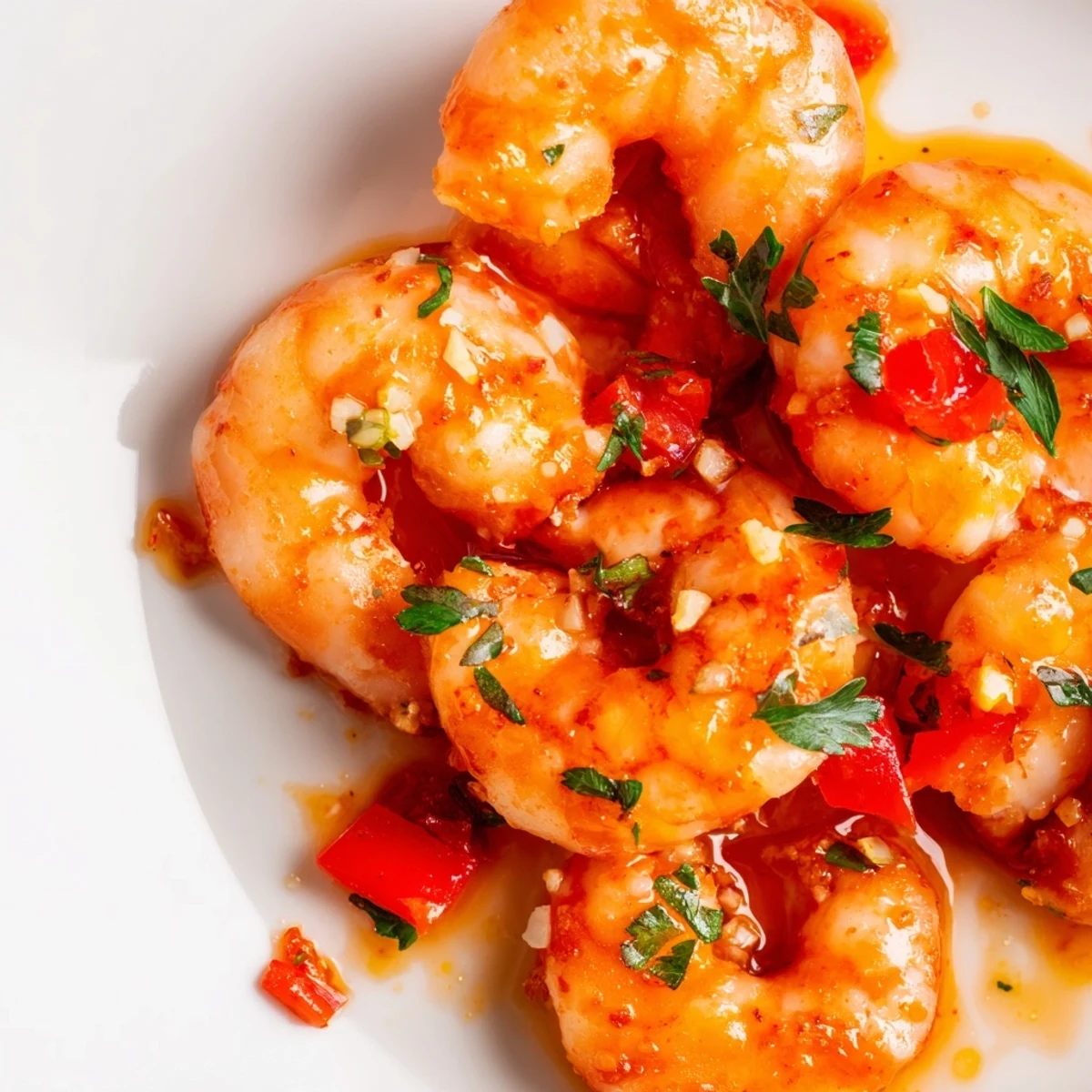 Sizzling garlic paprika shrimp skillet with pink curling shrimp and flecks of fresh parsley
