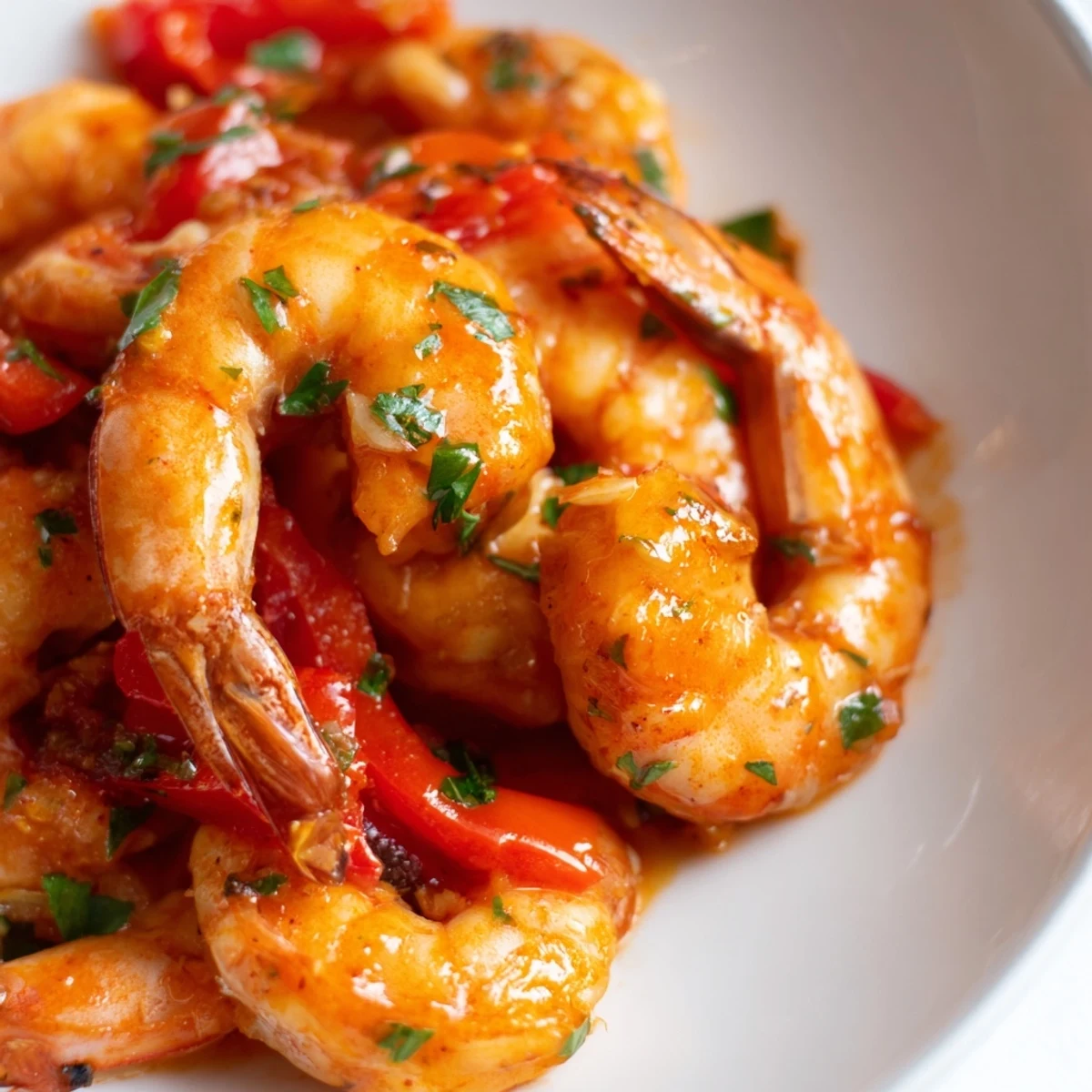Golden garlic paprika shrimp skillet topped with bright parsley and served with lemon wedges