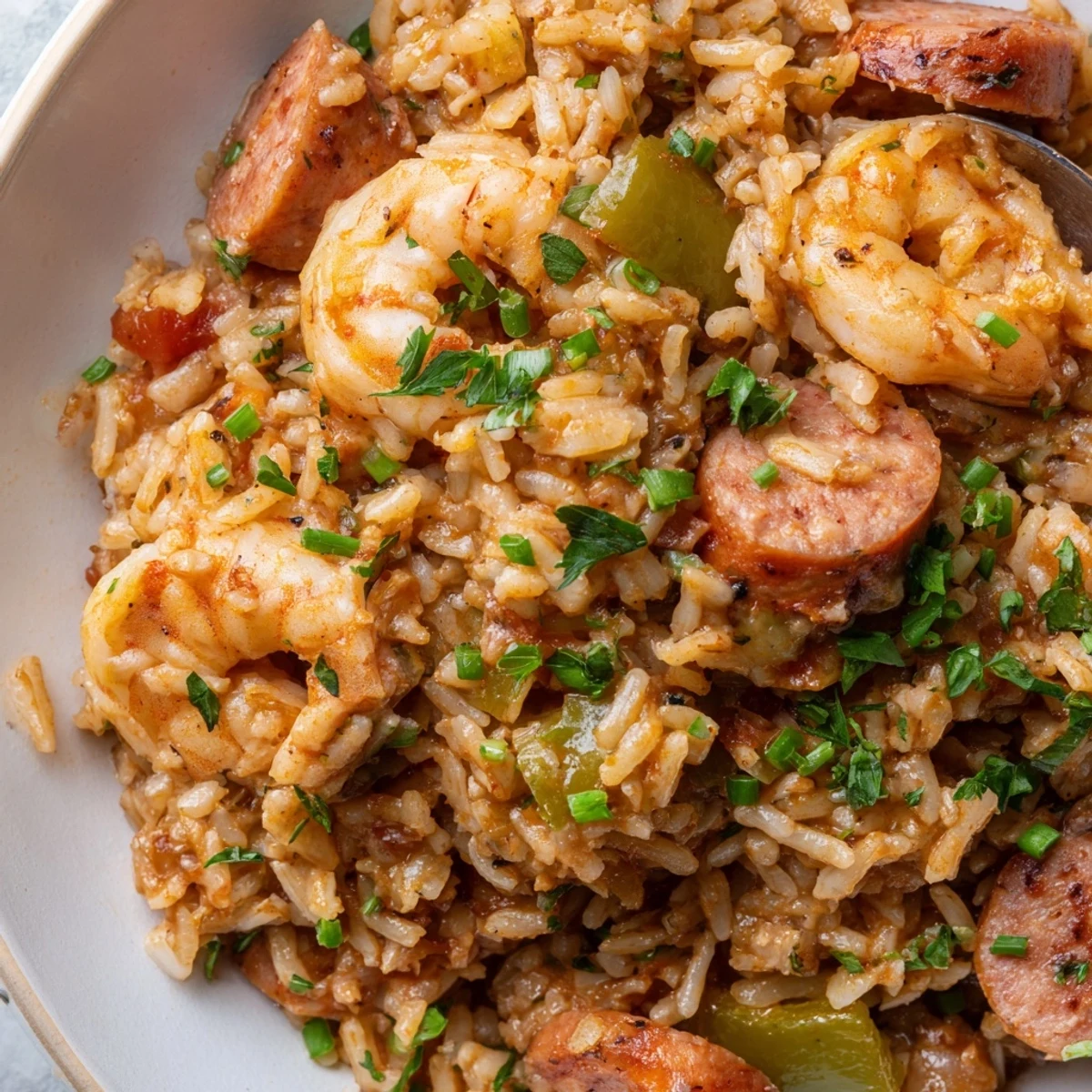 Golden shrimp and sausage dirty rice garnished with scallions in a cast iron skillet