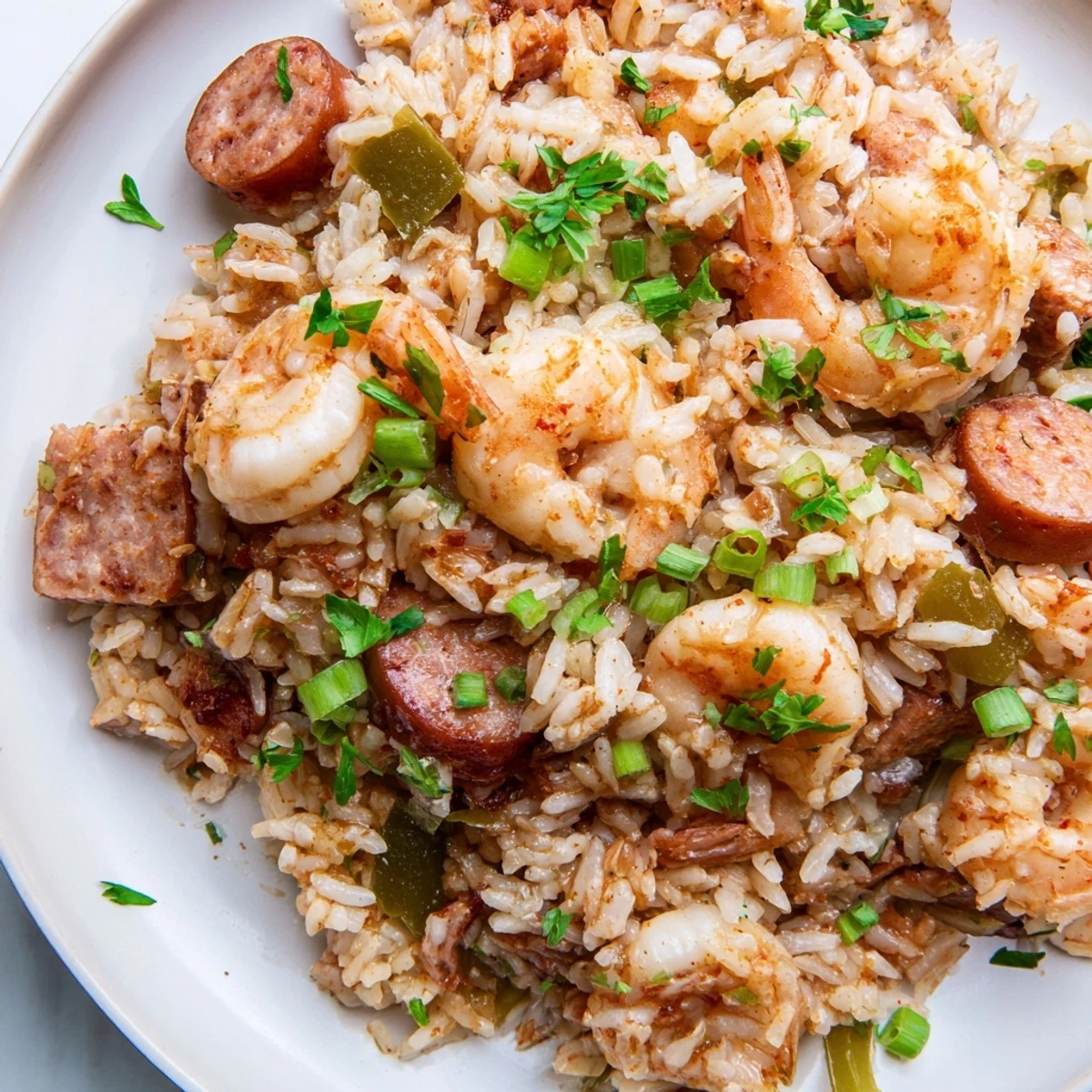 Hearty bowl of shrimp and sausage dirty rice topped with fresh chopped parsley