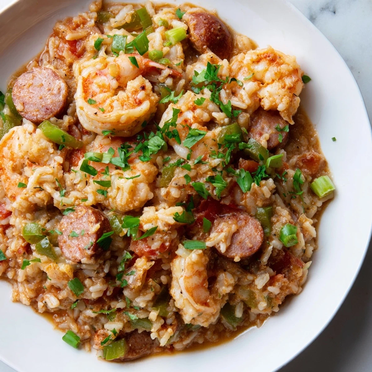 Close-up of spicy shrimp and sausage dirty rice steaming in a rustic Dutch oven