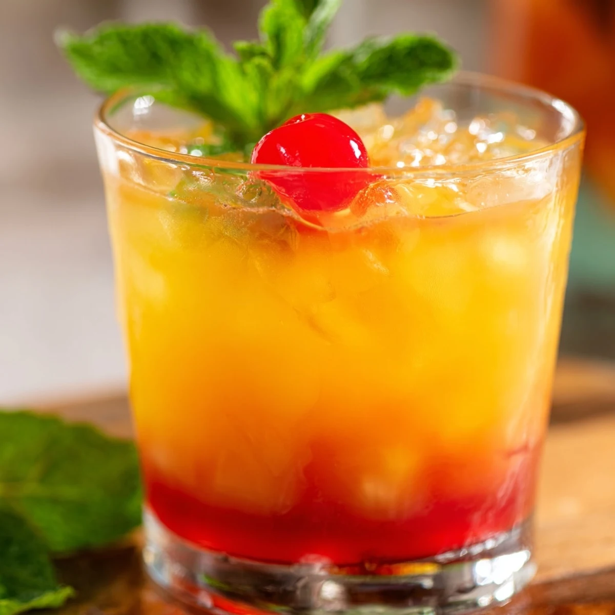 Golden non alcoholic mai tai with grenadine layers, fresh orange, cherry, and mint garnish