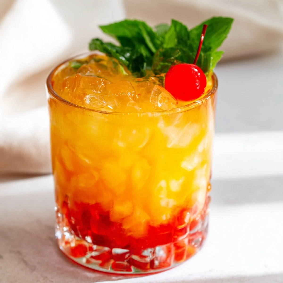 Tropical non alcoholic mai tai in ice-filled glasses topped with vibrant fruit slices