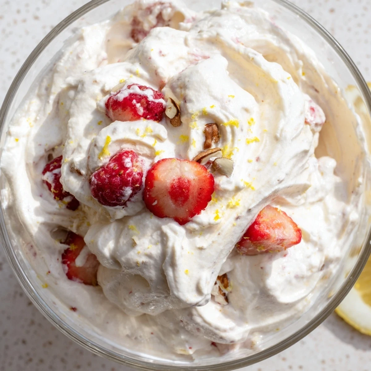 Creamy keto cheesecake fluff topped with fresh berries in a glass bowl