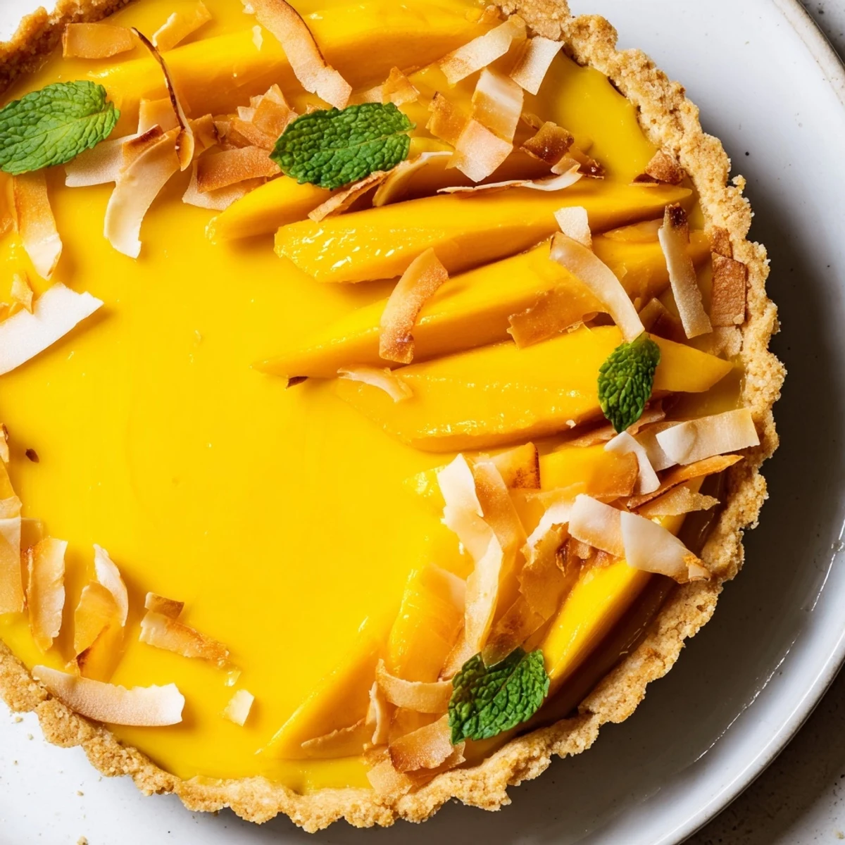 Golden mango curd tart topped with fresh mango slices and mint leaves