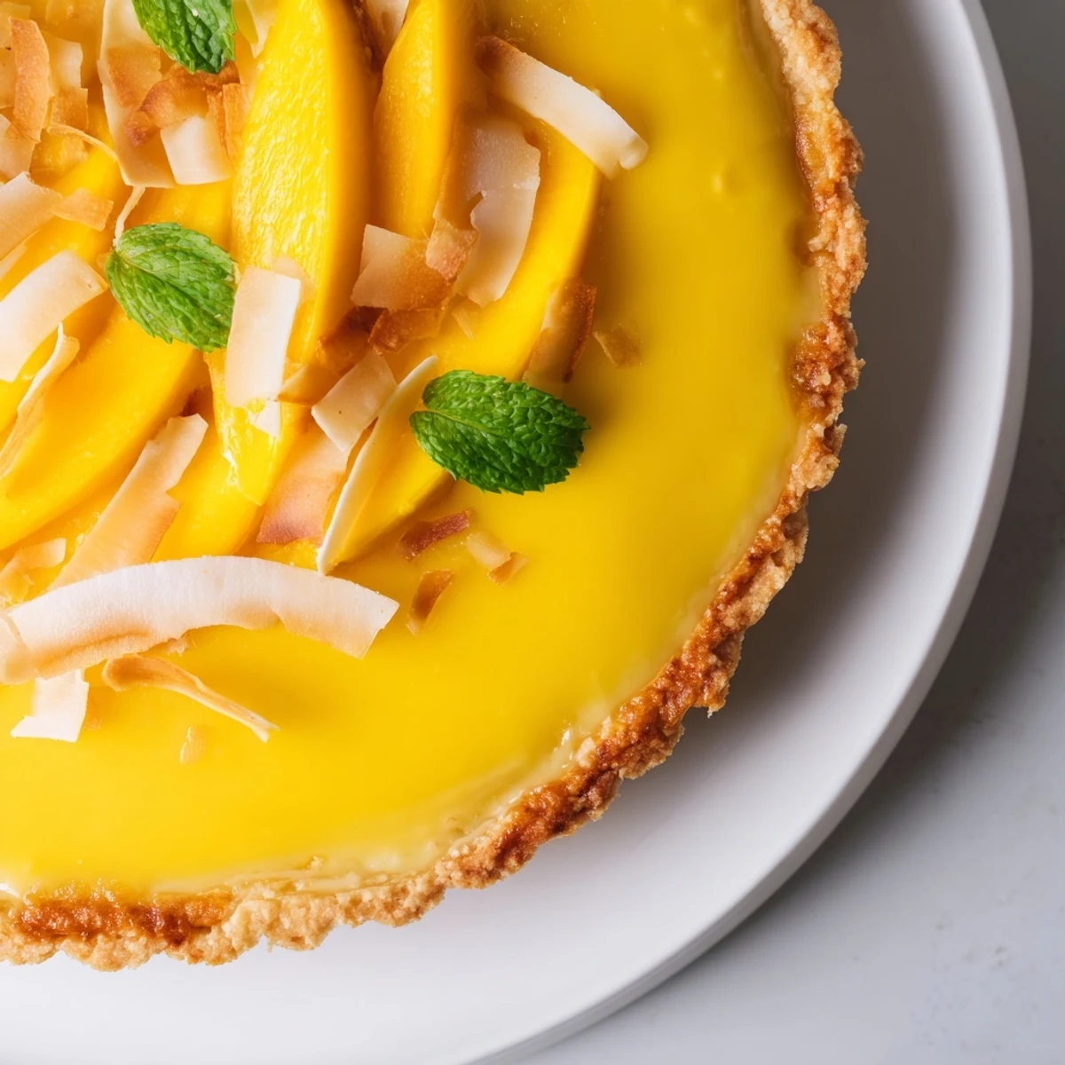 Silky mango curd tart in a buttery crisp crust ready for serving