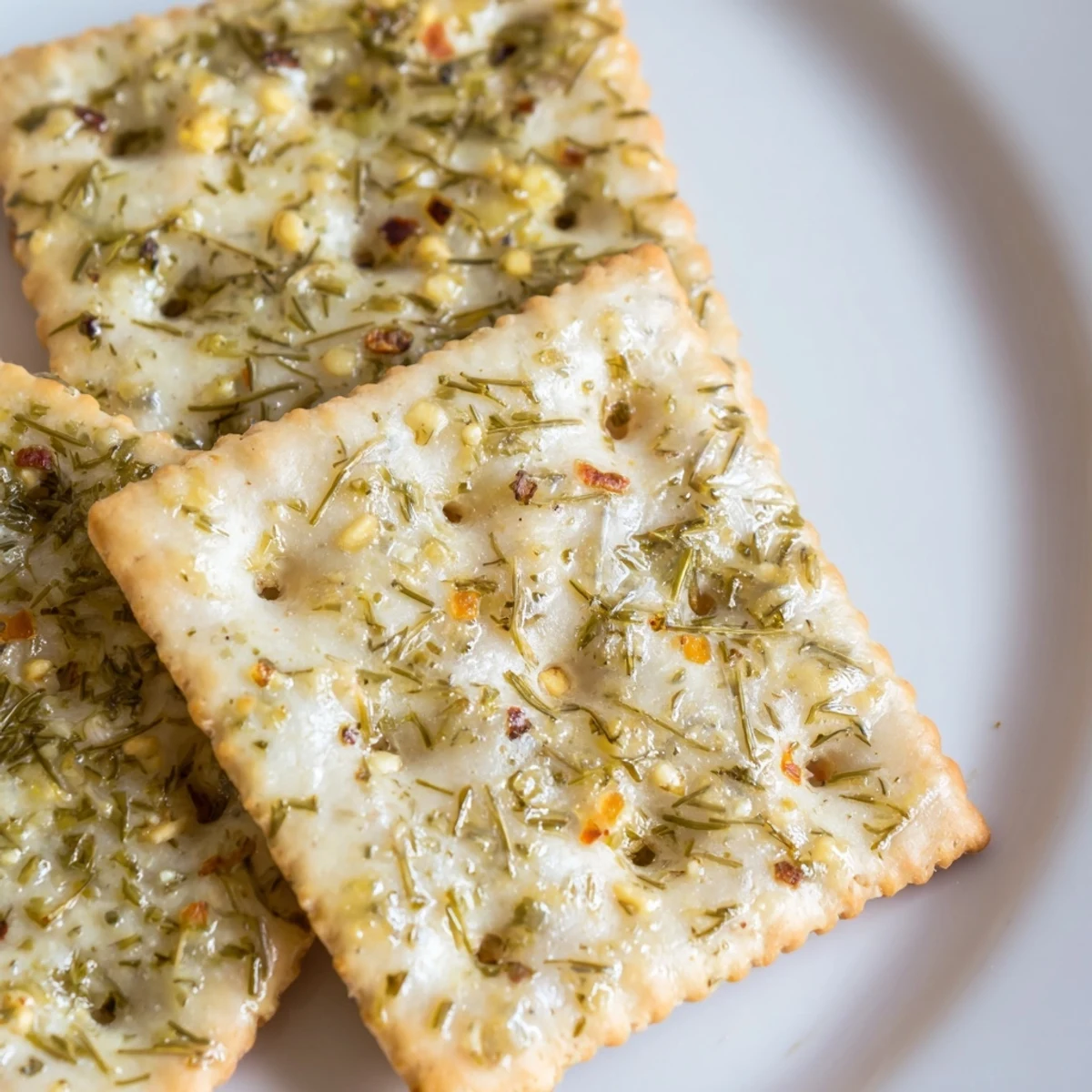 Crispy golden dill pickle saltines brushed with herbed butter cooling on parchment