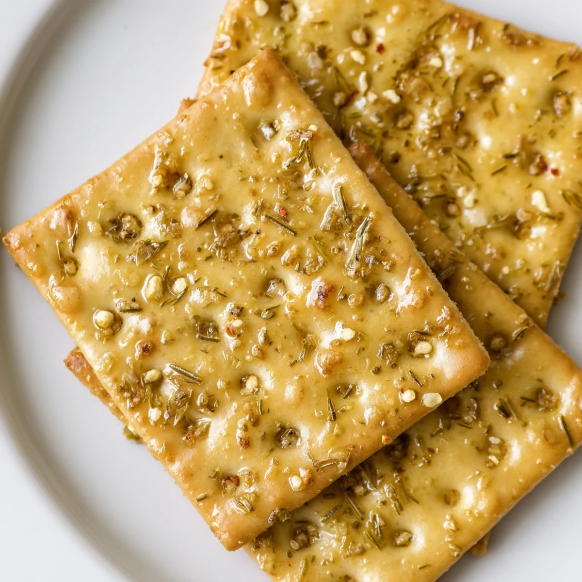 A close-up of baked dill pickle saltines glistening with garlic herb butter