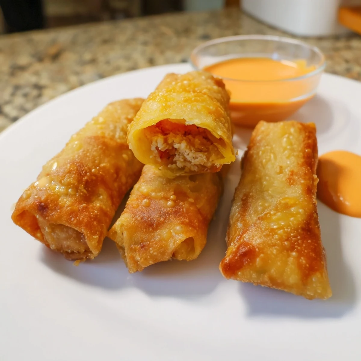 Crunchy voodoo egg rolls filled with smoky andouille sausage and melted cheddar