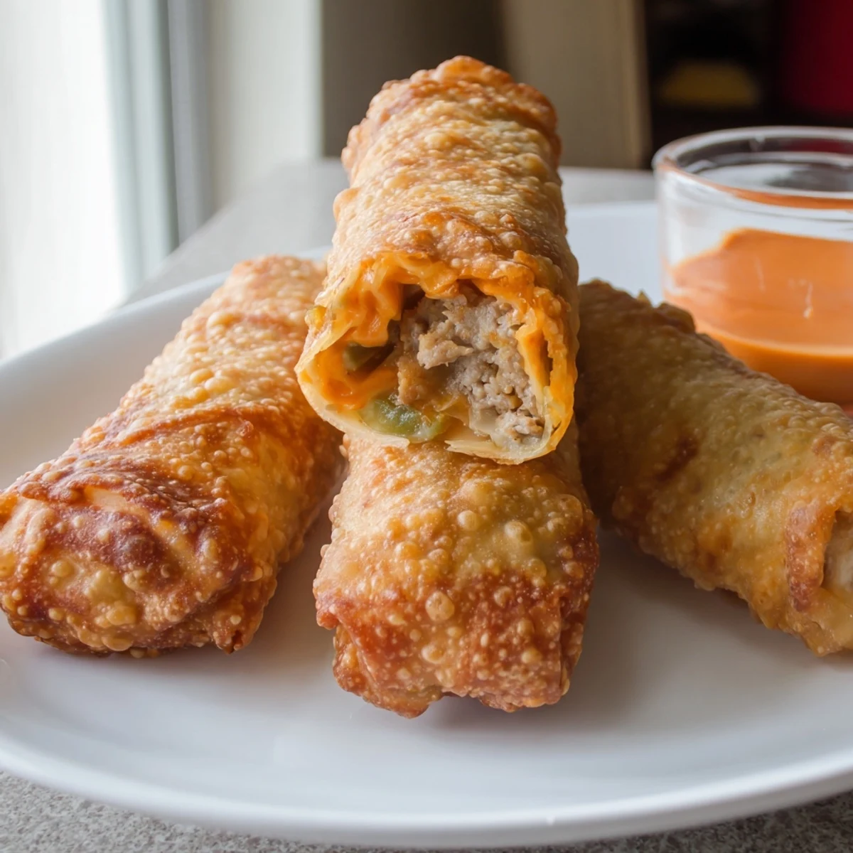 Golden crispy voodoo egg rolls arranged on a platter with spicy dipping sauce