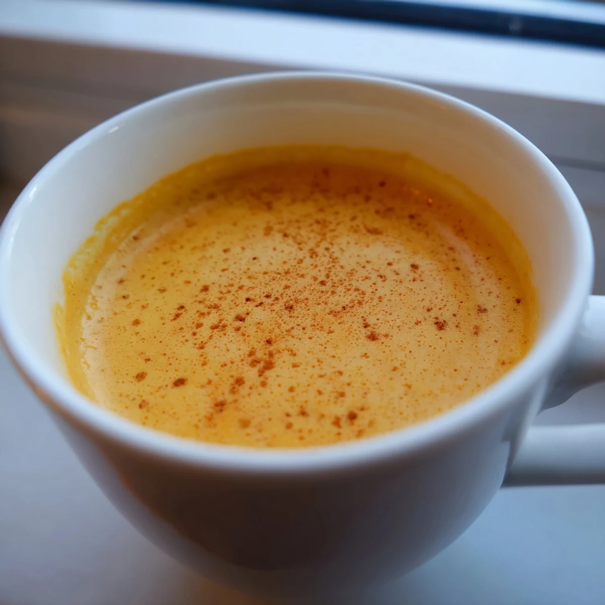 Creamy Goguma Latte topped with cinnamon in a cozy mug on a chilly morning