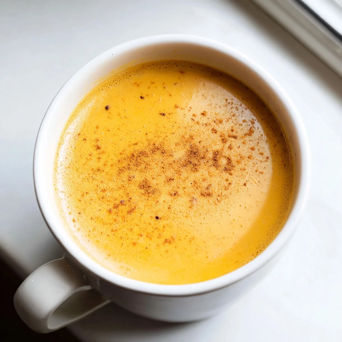 Rich Korean sweet potato latte poured into a ceramic mug with frothy milk