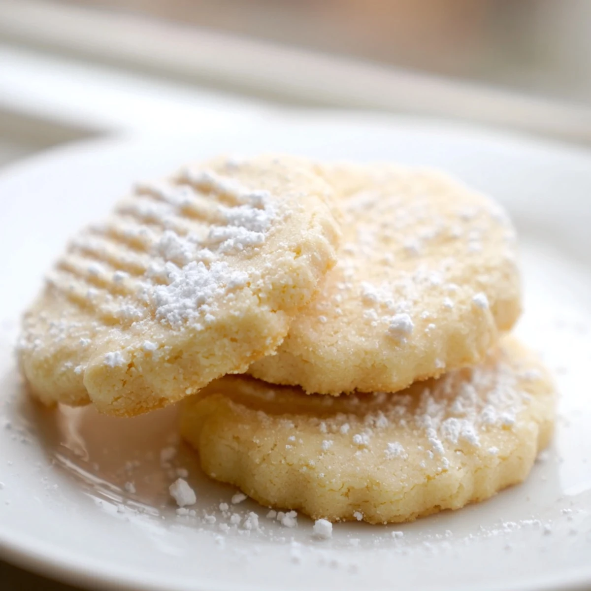 A plate of warm Grandma's Secret Butter Cookies served beside a steaming cup of tea