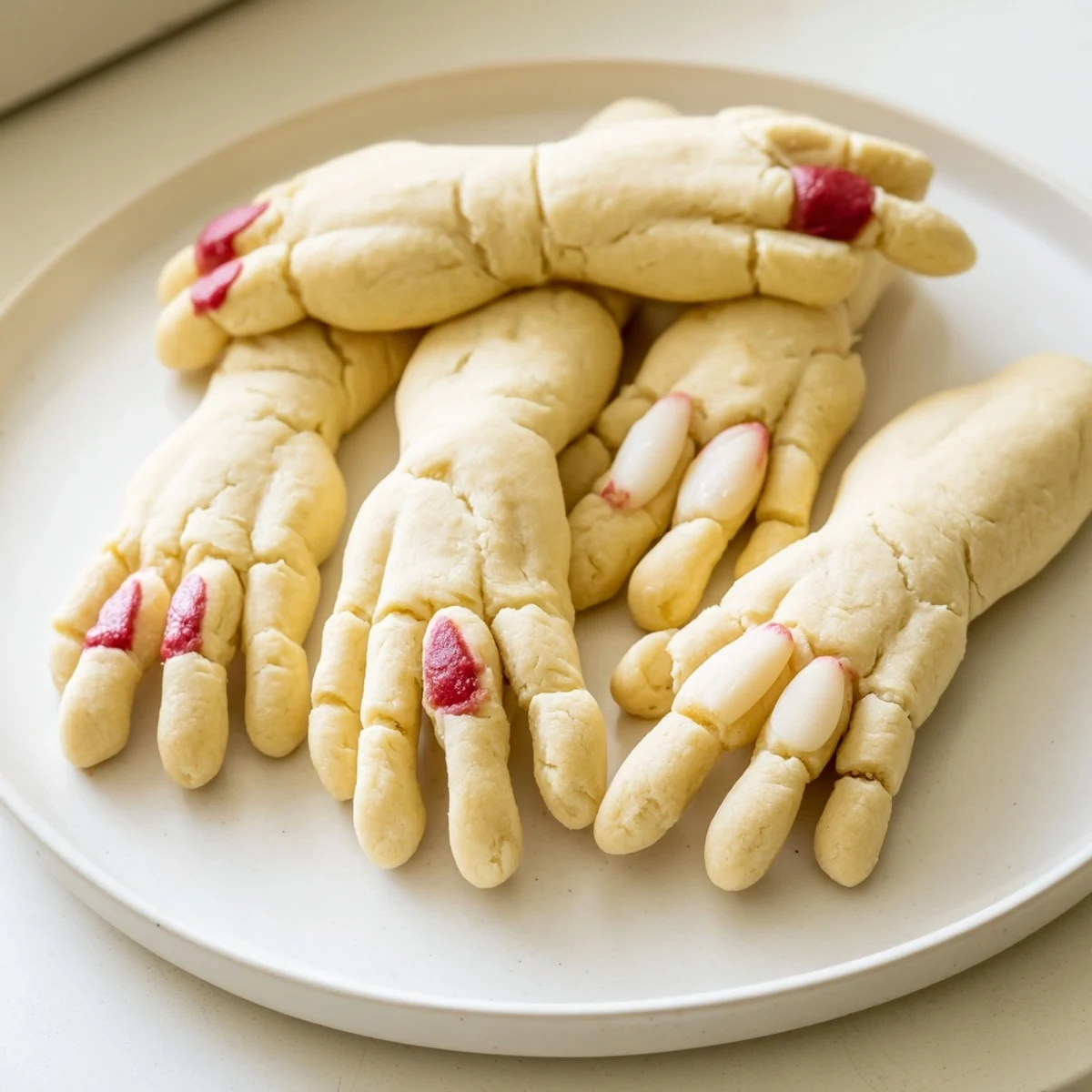 Creepy Witch Finger Cookies with bloody almond nails on a spooky Halloween platter