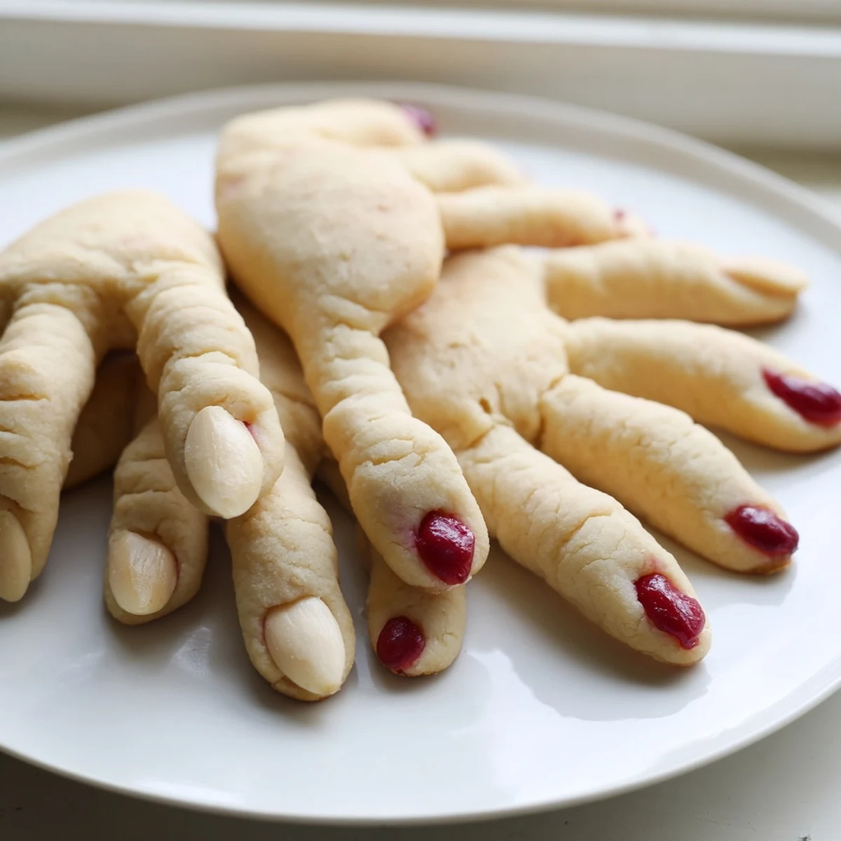 Chilled Creepy Witch Finger Cookies arranged on parchment with eerie red jam details