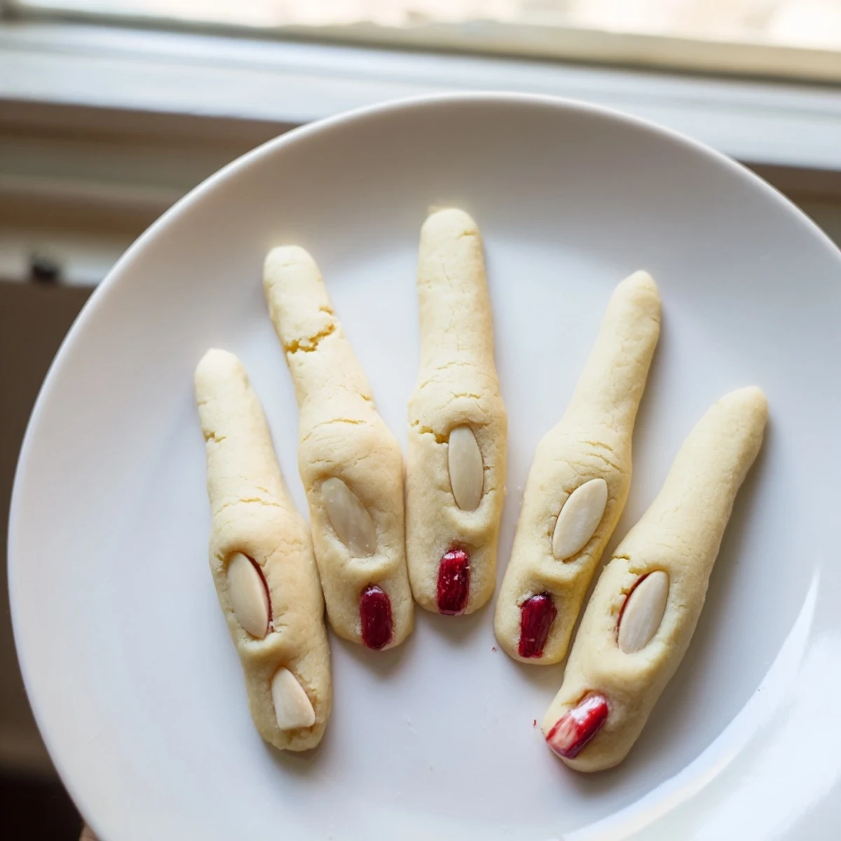 Golden baked Creepy Witch Finger Cookies featuring knuckle lines and blanched almond fingernails